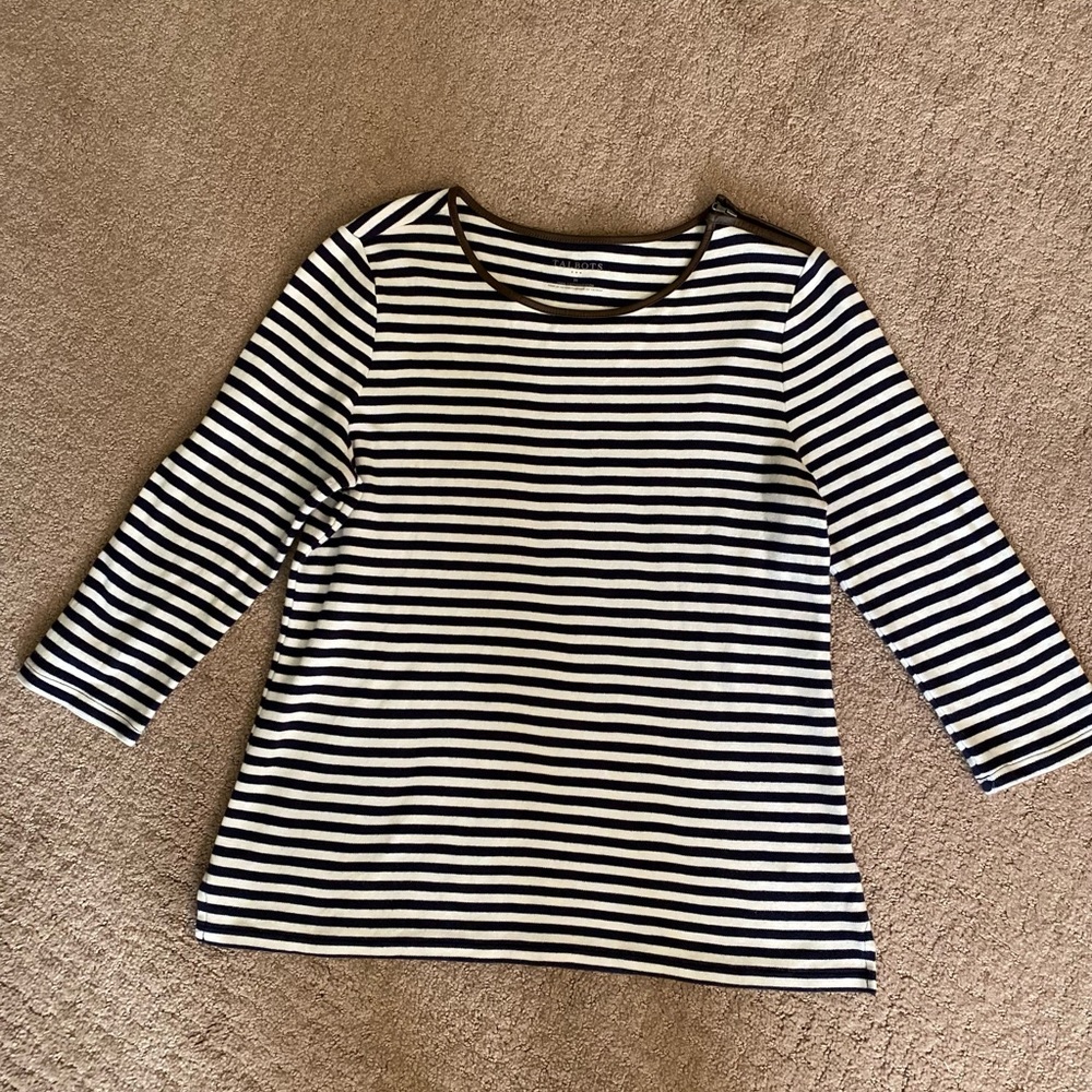 Talbots - Woman’s navy & white striped boat neck top with 3/4 sleeves, S…